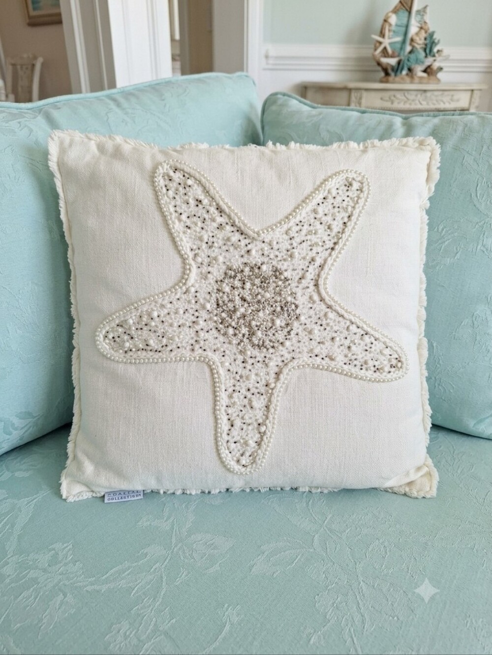 Coastal Starfish Embroidered Throw Pillow - Cream